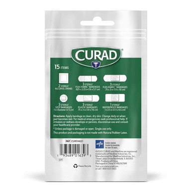 Curad First Aid Portable Pack Ideal for Travel Carry-on Backpacks Water Resistant Pouch Variety Size Bandages Alcohol Swabs 12 Packs