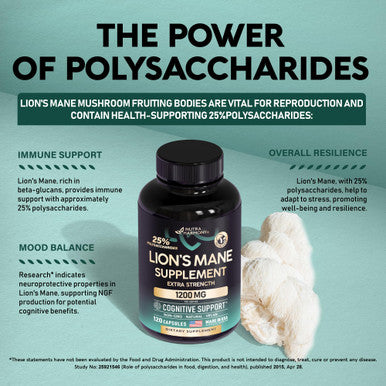 NUTRAHARMONY Organic Lions Mane - Certified Mushroom Supplement - Made In Usa - Fruiting Bodies Extract - 1200 Mg, 25% Polysaccharides - Memory & Focus - As Lions Powder, Liquid - 120 Capsules, 2 Month Supply