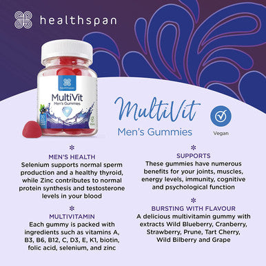 Healthspan Vegan Multivitamin Men's Gummies (1 Month Supply) | Blackcurrant Flavour | Formulated for Men's Health | Support Joints, Muscle & Energy | No Added Sugar