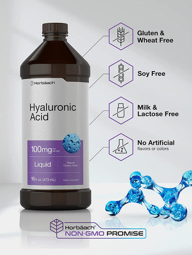 Liquid Hyaluronic Acid Supplement | 100 mg | 16 oz | Cherry Flavor | Non-GMO and Gluten Free Formula | by Horbaach