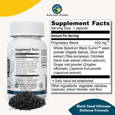 Amazing Herbs Whole Spectrum Black Seed Ultimate, Vegetarian Capsules - Olive Leaf & Garlic Extracts Plus Ginger & Cayenne, Gluten Free, Non Gmo, Vegan - 100 Count