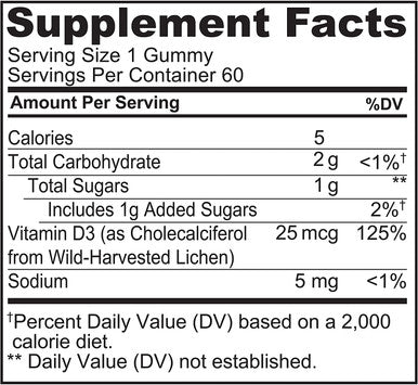 NATURELO Vegan D3 Gummies for Kids - 1000 IU Vitamin D3 - Plant-Based Whole Food Supplement for Children 4 and Older - 60 Vegan-Friendly Gummies