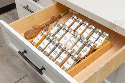 18 Jar Bamboo Compact Spice Rack with Spices Included & 5-Year Free Spice Refill Program for Countertop or Kitchen Drawer with Glass Jars