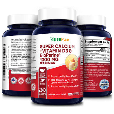 NusaPure Super Calcium 1300mg with Vitamin D3 and Bioperine 240 Veggie Caps (Non-GMO & Gluten-Free)