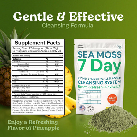 Atlantic Naturals Sea Moss 7 Day Detox Liver Gallbladder and Kidney Cleanse Support with Dandelion Root Milk Thistle Burdock Root Red Clover Chanca Piedra Pineapple Flavor Drink Mix (14 oz)