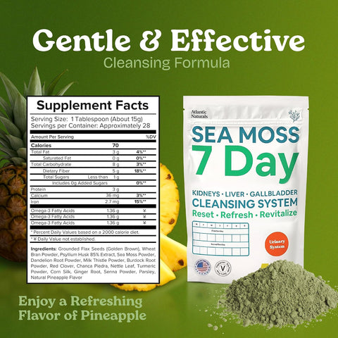 Atlantic Naturals Sea Moss 7 Day Detox Liver Gallbladder & Kidney Cleanse - Support With Dandelion Root Milk Thistle Burdock Root Red Clover Chanca Piedra - Pineapple Flavor Drink Mix (14 Oz)