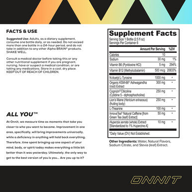 Onnit Alpha BRAIN Focus Energy Shot Supplement Energy Focus Mood Stress Brain Booster Drink Tropical 2.5 fl oz 6 ct