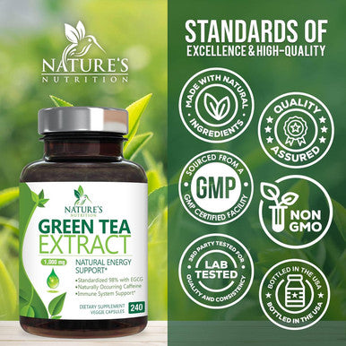 Nature'S Nutrition Green Tea Extract Capsules 1000mg 98% Standardized EGCG - 3X Strength for Natural Energy - Heart Support with Polyphenols - Gentle Caffeine - 240 Capsules