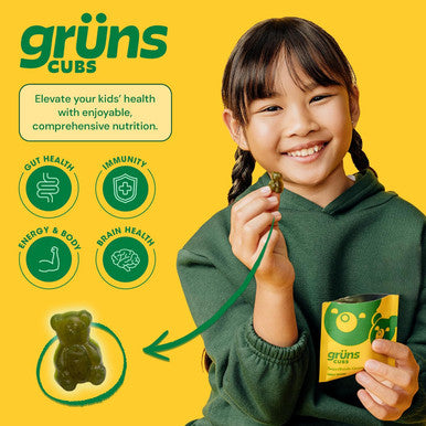 Gruns Kids Super Greens Gummies, Low Sugar - Superfood Gummy Bears With Spirulina, Chlorella & Prebiotics For Digestive Health - Adaptogens Supplement With 20 Vitamins & Minerals -1 Month Supply