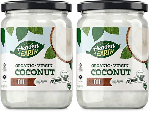 Heaven & Earth Organic Unrefined Virgin Coconut Oil, (2 Pack) 16oz | Glass Jar | Cold Pressed | Coconut Oil for Cooking, Hair & Skin | Kosher