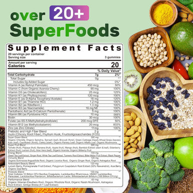 Super Greens Gummies, Greens Superfood Powder Alternative W/Spirulina, Chlorella, Prebiotic Fiber, Probiotic, Fruit Veggie, Daily Greens Vegetable For Digestive & Gut Health, Immunity, Focus, 120 Cts