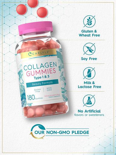 Carlyle Collagen Gummies | 180 Count | Type 1 & 3 | Strawberry Flavor Beauty Supplement | Hydrolyzed Collagen for Women & Men | Non-GMO, Gluten Free