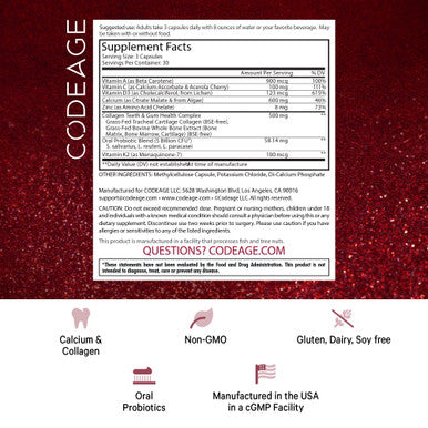Codeage Teeth & Gums Vitamins + Oral Probiotics Supplement for Mouth - Food Calcium, Collagen, Potassium, Vitamin C, D3, K2, Zinc Oral Care & Dental Multivitamin Supplements - 90 Capsules
