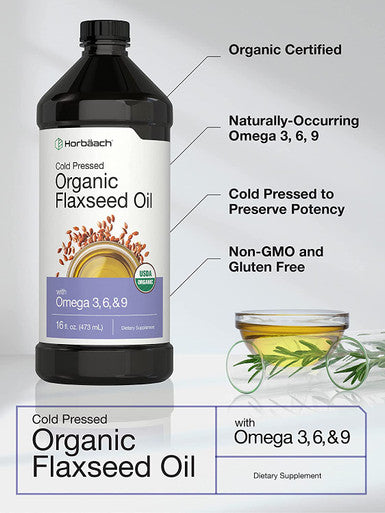 Organic Flaxseed Oil | 3 Pack | 16 fl oz Each | Cold Pressed | with Omega 3, 6, 9 | Vegetarian, Non-GMO, Gluten Free Liquid | by Horbaach