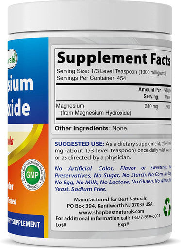 Best Naturals Magnesium Hydroxide Powder - 380mg of Elemental Magnesium per Serving - 454 Servings per Cotainer - 1 Pound