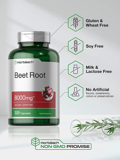 Beet Root Powder Capsules 8000mg | 320 Count | Non-GMO and Gluten Free Formula | High Potency Herbal Extract Supplement | by Horbaach