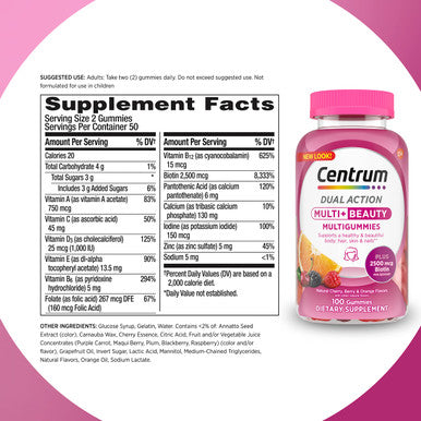 Centrum Multigummies Multi+ Beauty Dual Action Multivitamin Specially Designed With Biotin For Healthy Hair Skin And Nails Cherry/Berry/Orange Flavors - 100 Count