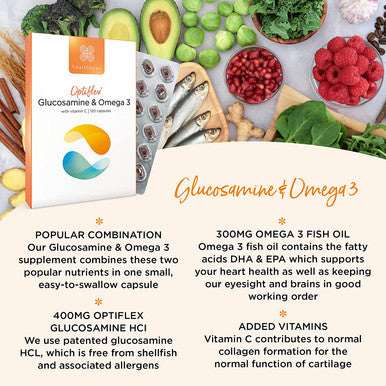 Healthspan Glucosamine & Omega 3 | 120 Capsules | Joint Health | Added Vitamin C | 400mg Optiflex Glucosamine HCI | 300mg Omega 3 Fish Oil | Highly Purified & Sustainably Sourced