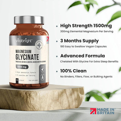 Vitabright Chelated Magnesium Glycinate 300mg Elemental Magnesium (1500mg Magnesium Bisglycinate) 180 Magnesium Capsules x2 Day High Strength Magnesium Supplements for Sleep VitaBright Pure Magnesium Glycinate