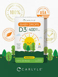 Carlyle Vitamin D3 Baby Drops | 400 IU | .31oz (9.2 mL) | 1 Year Supply (365 Servings) | Vegetarian, Non-GMO, and Gluten Free Drops for Infants and Newborns