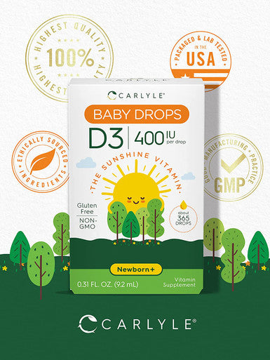 Carlyle Vitamin D3 Baby Drops | 400 IU | .31oz (9.2 mL) | 1 Year Supply (365 Servings) | Vegetarian, Non-GMO, and Gluten Free Drops for Infants and Newborns