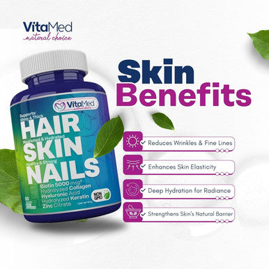 Hair Skin And Nails Vitamins - Collagen Pills For Hair Growth, Biotin 5000Mcg To Strengthen Nails And Glowing Skin, Hyaluronic Acid, Vitamin C, E, B6, Keratin Hair Treatment (60 Tablets)