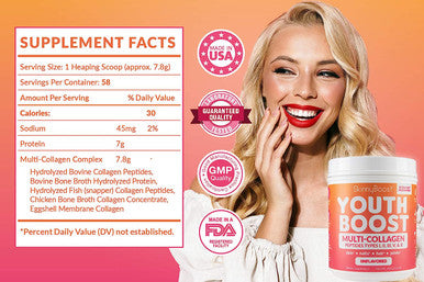 Skinny Boost - Youth Boost Advanced Multi-Collagen Powder - 5 Types of Hydrolyzed Collagen Peptides for Hair, Skin, Nails & Joints. Fast Dissolving, Grass Fed, Keto Friendly - Unflavored(58 Servings)