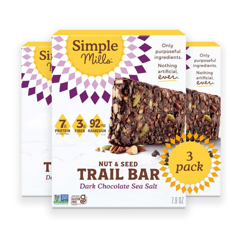 Simple Mills Nut and Seed Trail Bars, 15 Count, Dark Chocolate Sea Salt Snack Bars with Pumpkin Seeds, Almonds, Pecans, and Buckwheat, Good Source of Fiber and Excellent Source of Magnesium, 1.59 oz