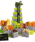 NUT CRAVINGS - Purim Mishloach Manot Dried Fruit & Mixed Nuts Gift Basket, Green Tower + Ribbon (12 Assortments) Ramadan Gifts Food Arrangement, Healthy Snack Care Package, Kosher