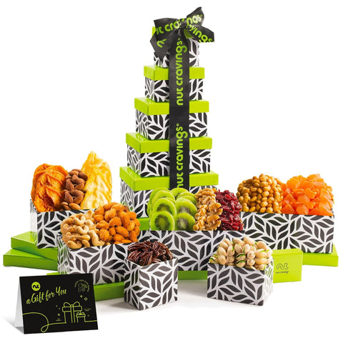 NUT CRAVINGS - Purim Mishloach Manot Dried Fruit & Mixed Nuts Gift Basket, Green Tower + Ribbon (12 Assortments) Ramadan Gifts Food Arrangement, Healthy Snack Care Package, Kosher