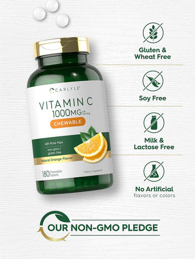 Carlyle Vitamin C Chewables | 1000mg | 180 Chewable Tablets | Vegetarian Non-GMO Gluten Supplement