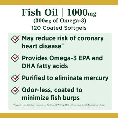 Nature's Bounty Fish Oil, 1000mg, 300mg of Omega-3, 120 Odorless Softgels (Packaging May Vary)
