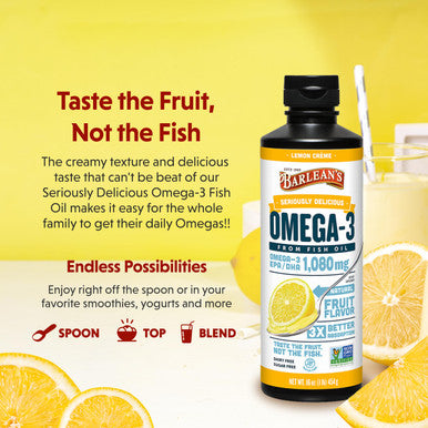 Barlean's Seriously Delicious Omega 3 Sorbet Lemon Creme From Fish Oil With 1080Mg Of Epa Dha All Natural Fruit Flavor Non Gmo Gluten Free 8 Ounce Bottle Fg 10043