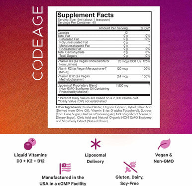 Codeage Liposomal Wonder-D Vegan Cholecalciferol Vitamin D3 1000 IU Liquid Drops Supplement Plant-Based Vitamins B12 & K2 Non-GMO Sunflower Phospholipids Vitamin E Mixed Berry Flavor 7.6 fl oz