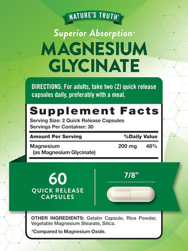 Nature'S Truth Magnesium Glycinate Capsules 200Mg 60 Count Chelated Superior Absorption Formula Non-Gmo & Gluten Supplement