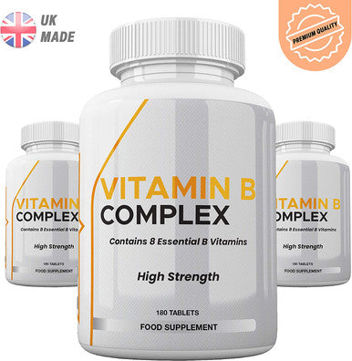 Vitamin B Complex - 180 High Strength Tablets 100 NRV% - 8 Essential B Vitamins - Vitamins B1, B2, B3, B5, B6, B12, Biotin & Folic Acid - UK Made Vegetarian & Vegan