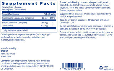 Klaire Labs Endozin - Zinc Carnosine Complex with L-Glutamine to Support Intestinal Barrier Function, Hypoallergenic (60 Capsules)