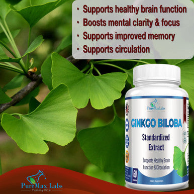 YUMMYVITE Ginkgo Biloba Capsules - Supports Brain Function, Memory Support & Circulation, Extra Strength Standardized Extract - 60 Capsules