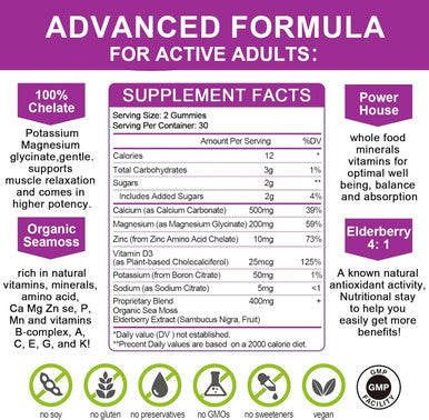 Calcium Magnesium Zinc Gummies With High Absorption Magnesium Glycinate 200Mg, Potassium -Plant Calcium Supplement W/ D3 & Sea Moss For Bone, Muscles, Calm Mood & Sleep Support- Kids & Adults (1 Pack)