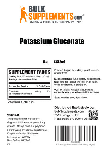 BulkSupplements Potassium Gluconate Powder - Potassium Supplement - Vegan Potassium Powder - Potassium Vitamins - Pure Potassium Supplement Powder (1 Kilogram - 2.2 lbs)