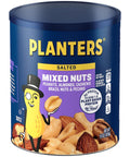 PLANTERS Lightly Salted Mixed Nuts, Plant Based Protein, 15 Oz (1 Ct) | Mixed Nuts: Almonds, Cashews, Brazil Nuts, Peanuts, Pecans. Snacks for Adults. Resealable Canister. Party Snack