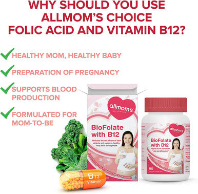 Vegan Folic Acid Pregnancy Supplement with Vitamin B12 - Contains 400mcg Folate or Folic Acid 90 Tablets - Allmom's Choice