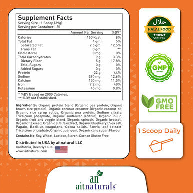 Aitnaturals Plant-Based Organic Protein Powder Creamy Chocolate Fudge 1kg 2.2lbs 25 Servings - 20g Pea Protein per Serving| Ideal for Smoothies & Shakes | Supports Muscle Growth & Workout Recovery
