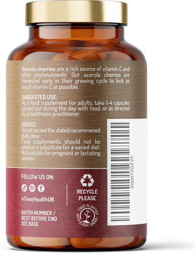 Acerola Cherry Extract Capsules - Natural & Wholefood Vitamin C - Uk Manufactured - Zero Stearates Or Flow Agents (120 Capsule Pouch)