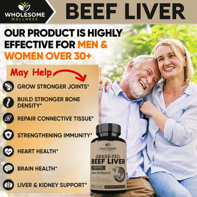 Wholesome Wellness Grass Fed Desiccated Beef Liver Capsules (180 Pills, 750mg Each) - Natural Iron, Vitamin A, B12 for Energy - Humanely Pasture Raised Undefatted in New Zealand Without Hormones or Chemicals