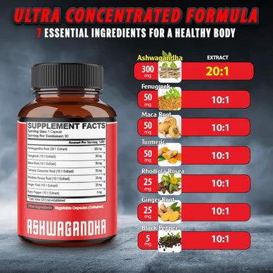 Ashwagandha Extract Capsules 8050Mg - 7 Herbs Combined Fenugreek, Maca, Turmeric, Rhodiola, Ginger & Black Pepper - 90 Caps For 3 Months - Natural Sleep, Adrenal, Immune & Energy Supports Supplement