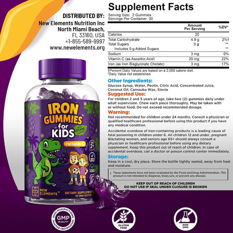 Elements Iron Dinosaur Gummies For Kids With Vitamin C Sugar- Vegan Gluten- & Non-Gmo Anemia Relief Energy & Blood Health Support Grape Flavor Pectin-Based For Optimal Health
