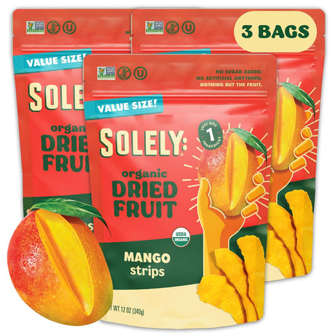 SOLELY - Organic Dried Mango Strips (5 oz Resealable Bags, Pack of 6) - Real Fresh Fruit - 1 Ingredient - Healthy Snacks for Adults & Kids - Non GMO, Vegan Snacks, Shelf Stable - 6 Bags (30 oz)