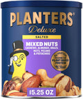 PLANTERS Deluxe Unsalted Mixed Nuts, Plant Based Protein, 15.25 Oz (1 Ct) | Mixed Nuts: Cashews, Almonds, Brazil Nuts, Pistachios, Pecans. Snacks for Adults. Resealable Canister. Party Snack