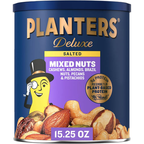 PLANTERS Deluxe Unsalted Mixed Nuts, Plant Based Protein, 15.25 Oz (1 Ct) | Mixed Nuts: Cashews, Almonds, Brazil Nuts, Pistachios, Pecans. Snacks for Adults. Resealable Canister. Party Snack